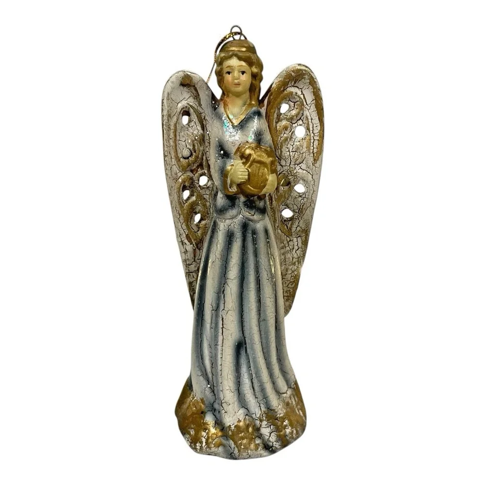 VTG Style Resin Angel Ornaments Set of 2 Crackle Glaze Gold Wings Harp Decor